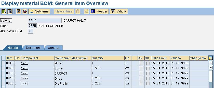 Bill of material for production order in sap
